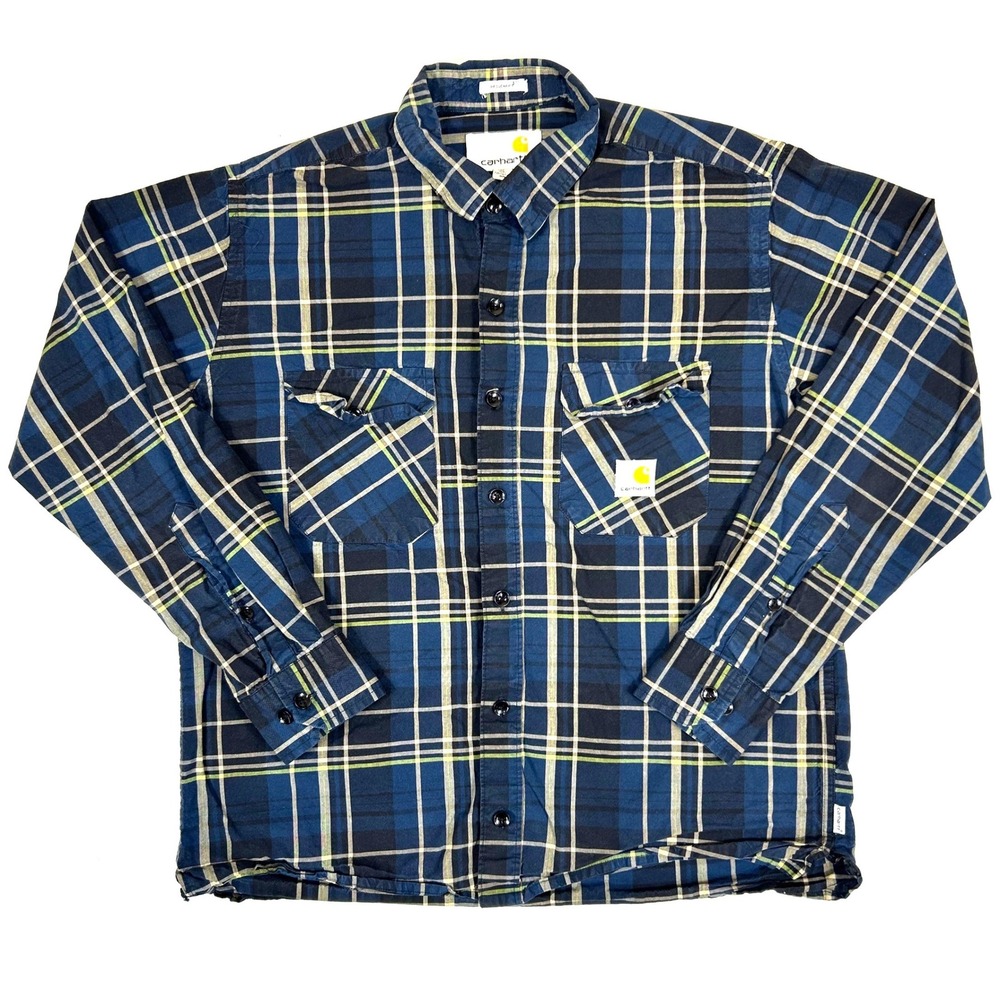 Carhartt Men XL Regular Fit Plaid Button Down Shirt Navy Blue Tan Lime Fine Yarn